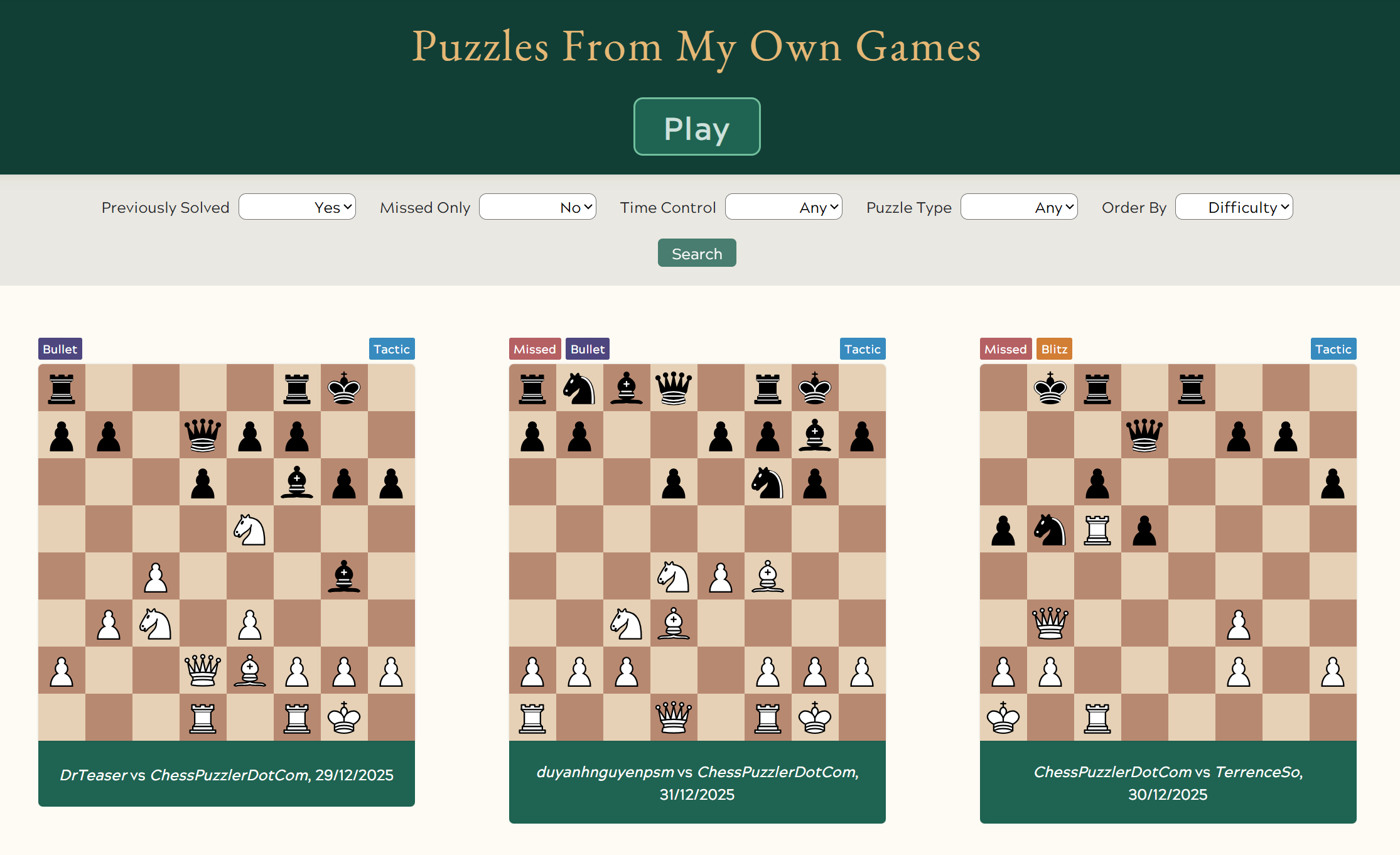 Image of the puzzle filters available from the My Puzzles page